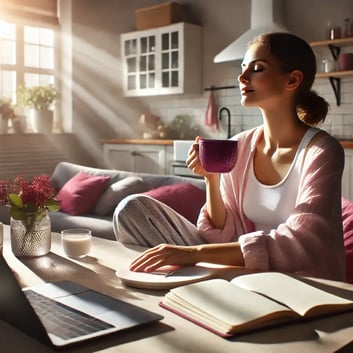 DALL·E 2024-09-27 09.39.54 - A serene morning scene showing a relaxed person sipping coffee at a sunlit table, with an open notebook and closed laptop nearby, symbolizing tasks be