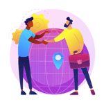 An image of two people shaking hands in front of a globe