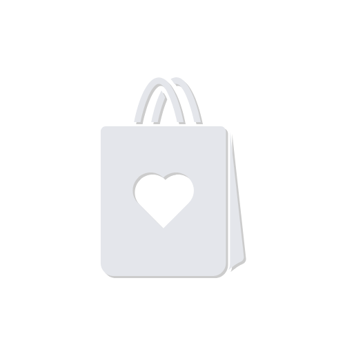 A simplified white icon of a shopping bag with a heart on it