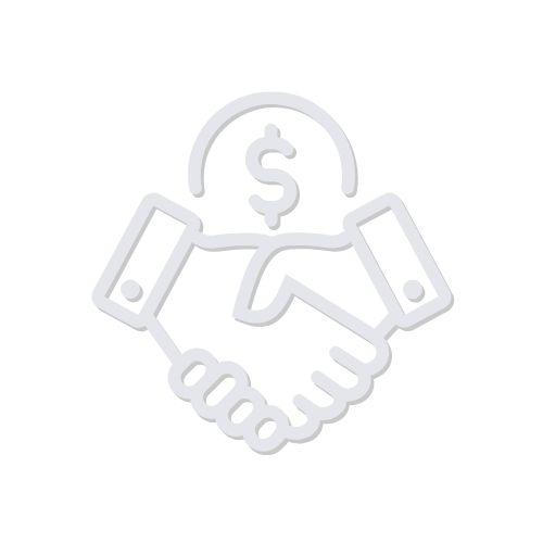 Simple white icon depicting a handshake with a dollar sign in the background indicating mutual benefit partnership