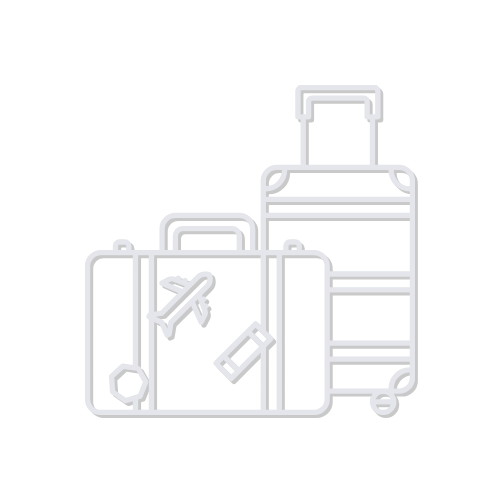 Simple white icon showing a handheld suitcase in front of a rolling piece of luggage