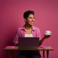 Happy person enjoying a coffee break while working, stress-free (Featured)"