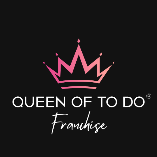 Stylized pink gradient crown over elegant Queen of To Do brand name, with a script font beneath that says "Franchise"